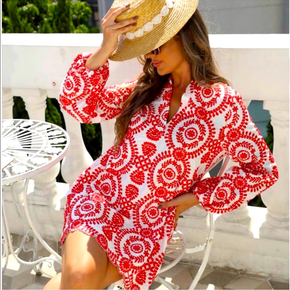 Sunday Up mini red and white embroidered dress size medium